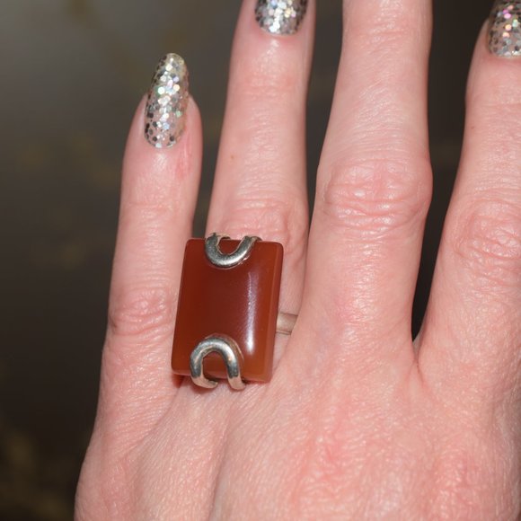Vintage Unique Art Deco Large Sterling Silver Carnelian Ring - Picture 7 of 9